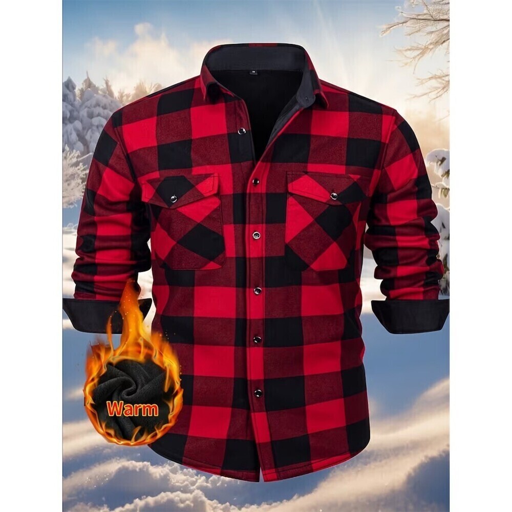Men's Shirt Jacket XXL Red & Black Buffalo Plaid Fleece Lined Winter Hiking